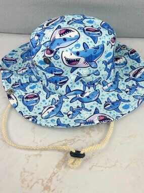 NWOT Cartoon Shark Kids Sun Blocking Bucket Hat with Adjustable Cord Button Snap